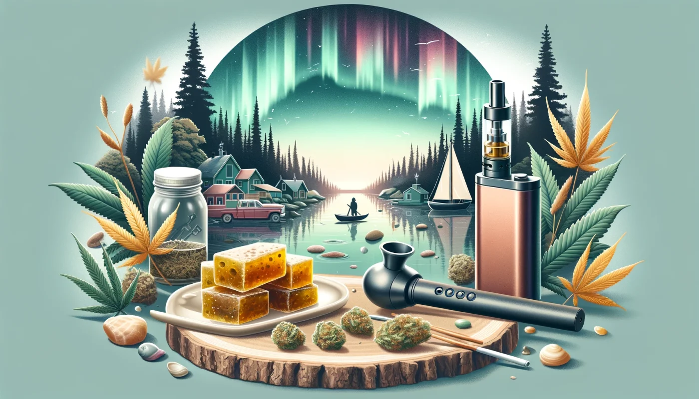 Dall·e 2024 02 12 12.42.03 A Creative And Engaging Cover Photo For A Blog About Cannabis Hash, Featuring Elements Such As A Vaporizer, A Small Block Of Hash, A Serene Canadian L