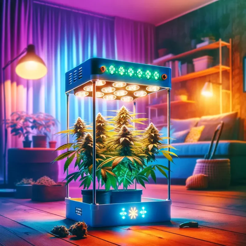 Dall·e 2024 03 05 10.59.07 A Vibrant And Inviting Image Of A Home Cannabis Cultivation Setup, Featuring A Small Indoor Grow Tent With Led Lights Illuminating Several Healthy Can (1)
