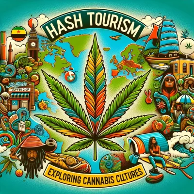 Dall·e 2024 03 27 11.20.28   Create An Evocative And Colorful Cover Photo For A Magazine Or Book Titled  Hash Tourism  Exploring Cannabis Cultures.  The Image Should Feature A Sty (1)