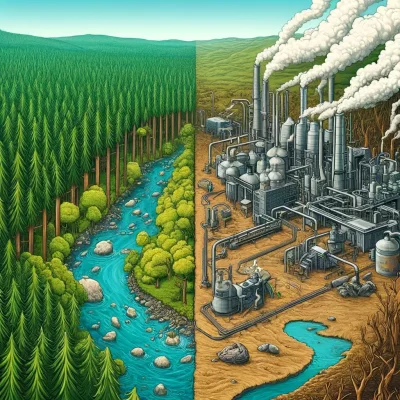 Dall·e 2024 04 24 10.58.18   An Illustrative Contrast Showing The Environmental Impact Of Hash Production. On The Left, A Lush, Vibrant Forest Full Of Green Trees, Clear Streams, (1)