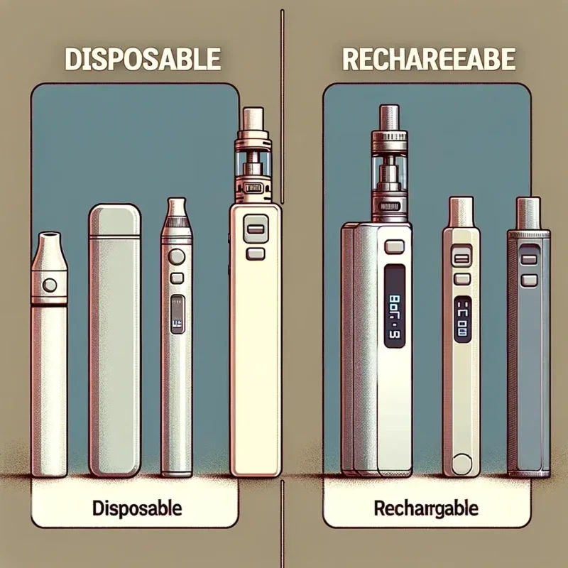 Dall·e 2024 05 09 11.08.58 An Educational Illustration Showing The Comparison Between Disposable And Rechargeable Vapes. On The Left, A Disposable Vape, Simple In Design, Typica (1)