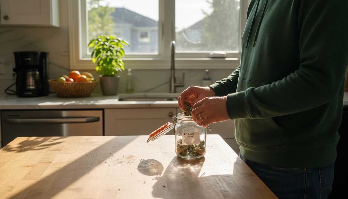 Placing cannabis in glass jar for storage