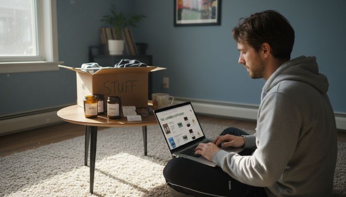 Man shopping cannabis bundles online at home