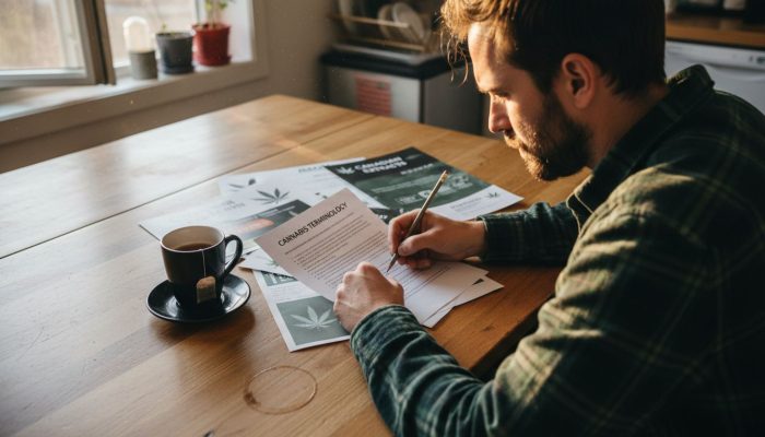Man studying cannabis terminology guide at cluttered table