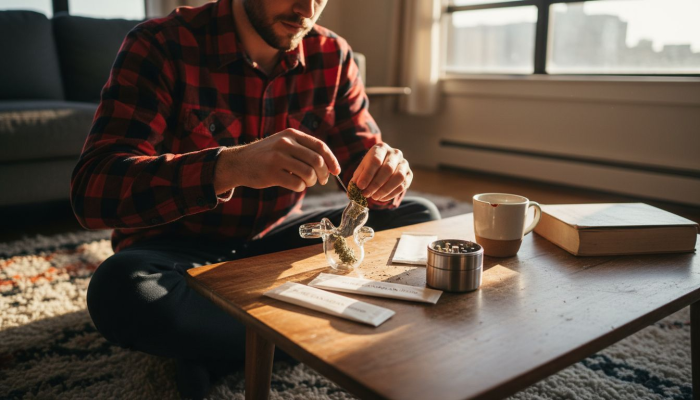 Young man using cannabis accessories in apartment