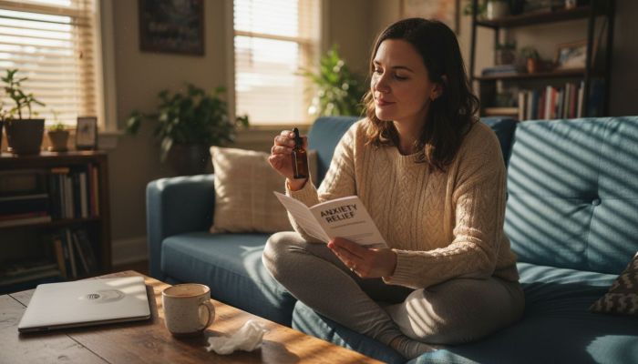 Woman reading about cannabis anxiety relief at home