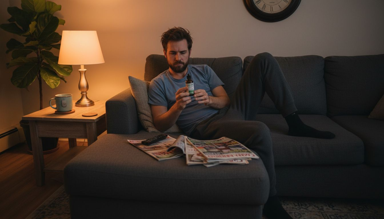 Man holding cannabis tincture in living room
