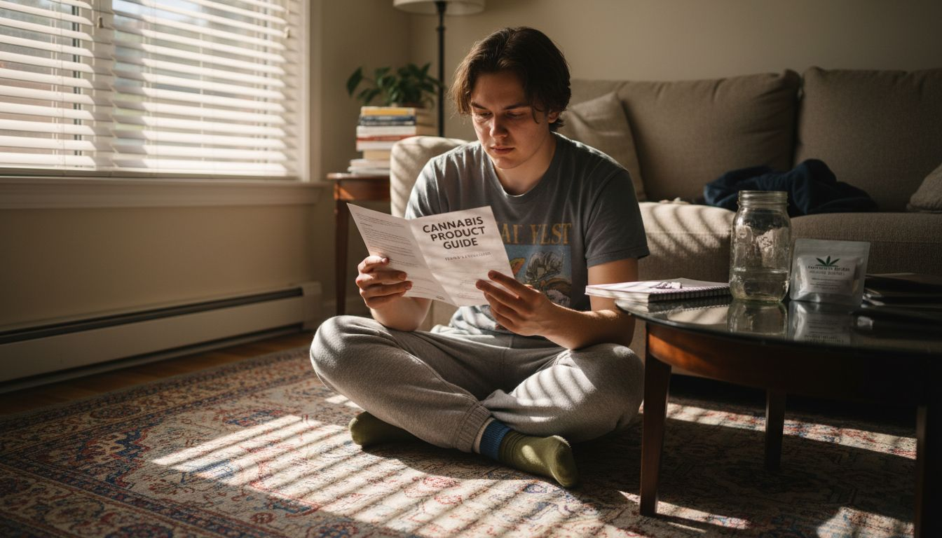 Young adult learning about cannabis in a cozy living room