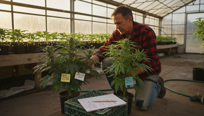 Grower tending hybrid cannabis in greenhouse
