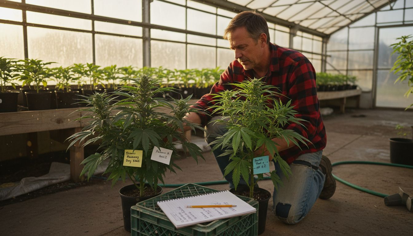 Grower tending hybrid cannabis in greenhouse