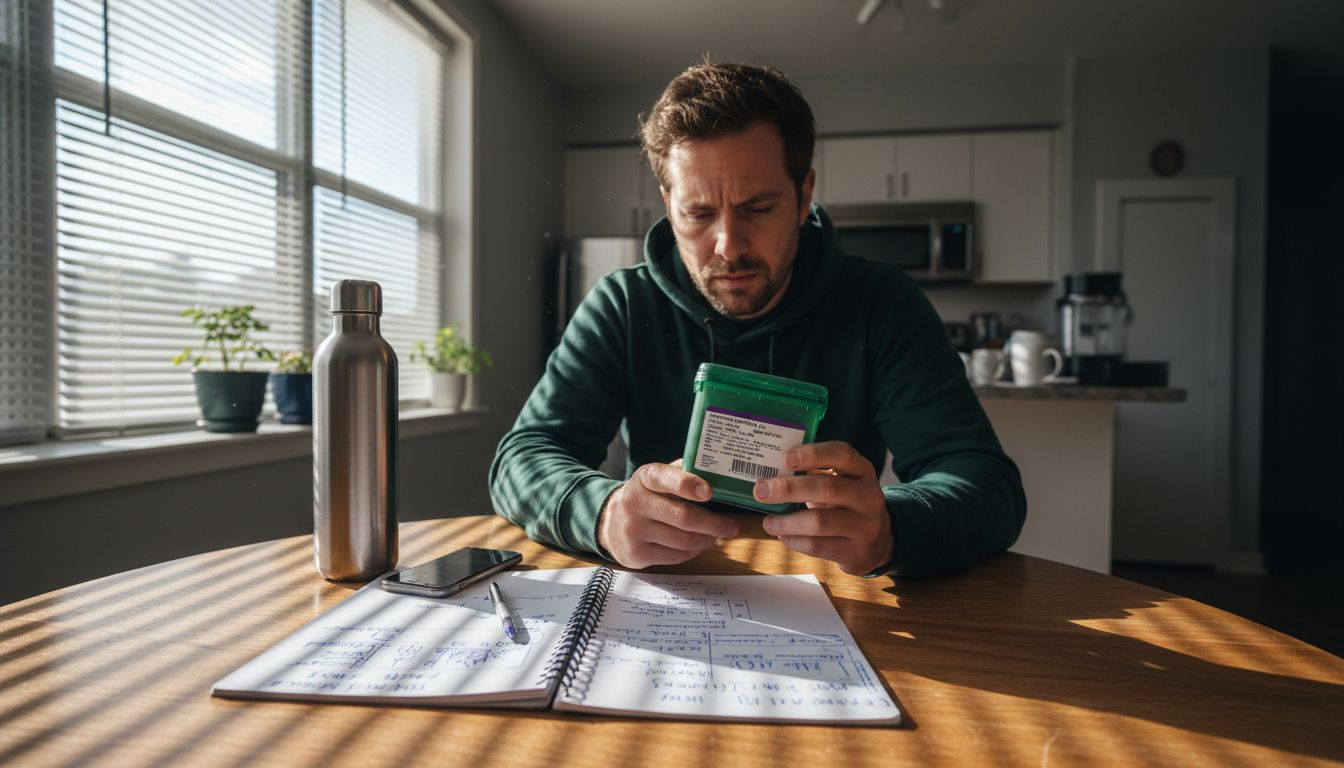 Adult examining sealed cannabis container at home