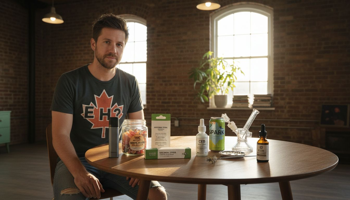 Seven cannabis consumption items on tabletop