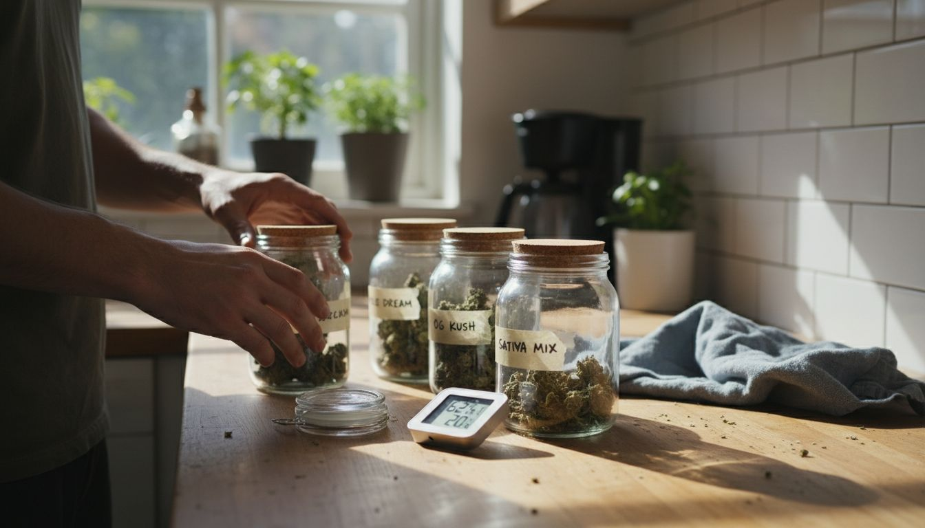 Person organizing cannabis in labeled glass jars