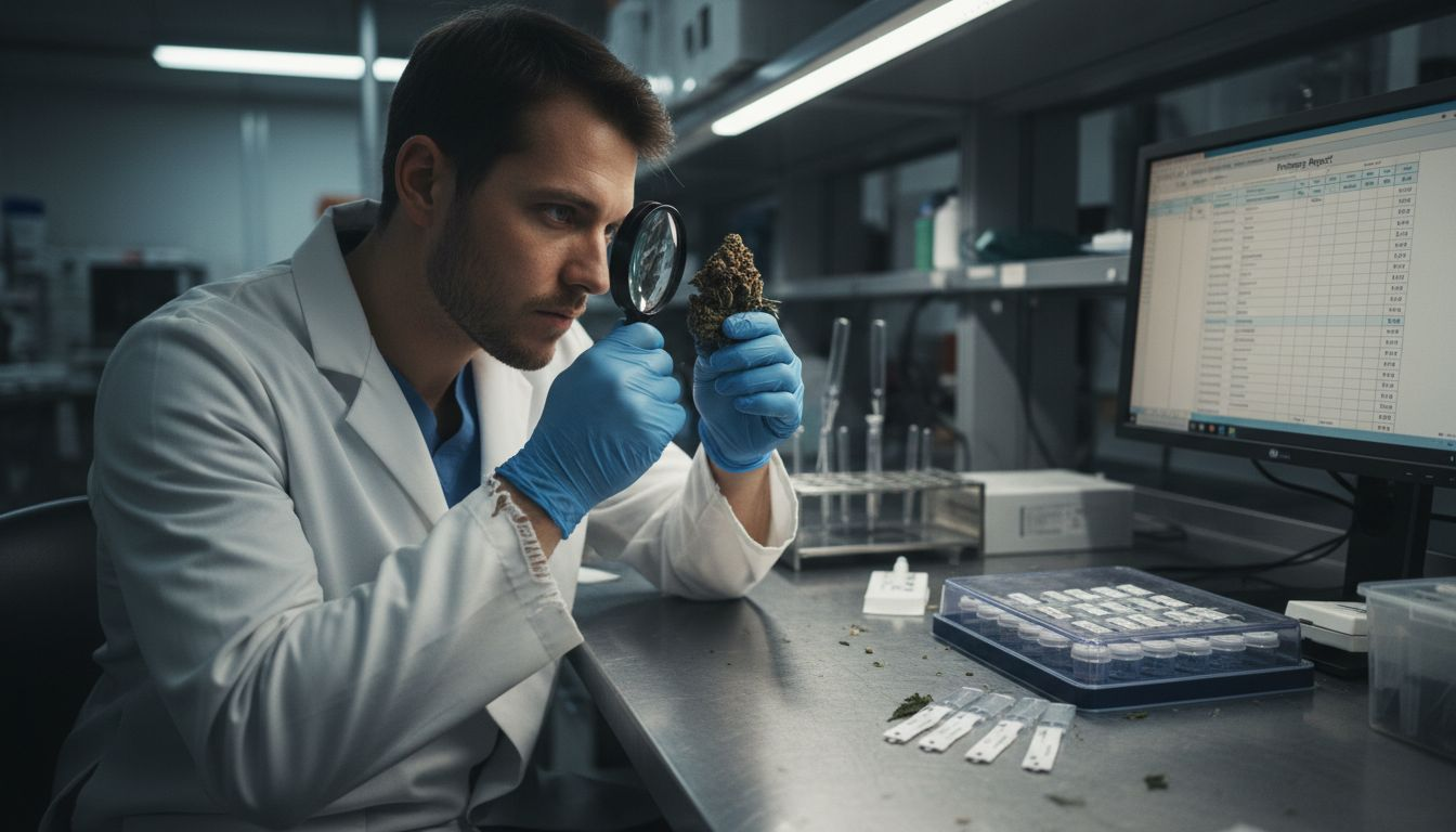 Lab worker inspecting cannabis sample