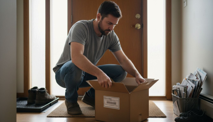 Man opening plain cannabis shipment box