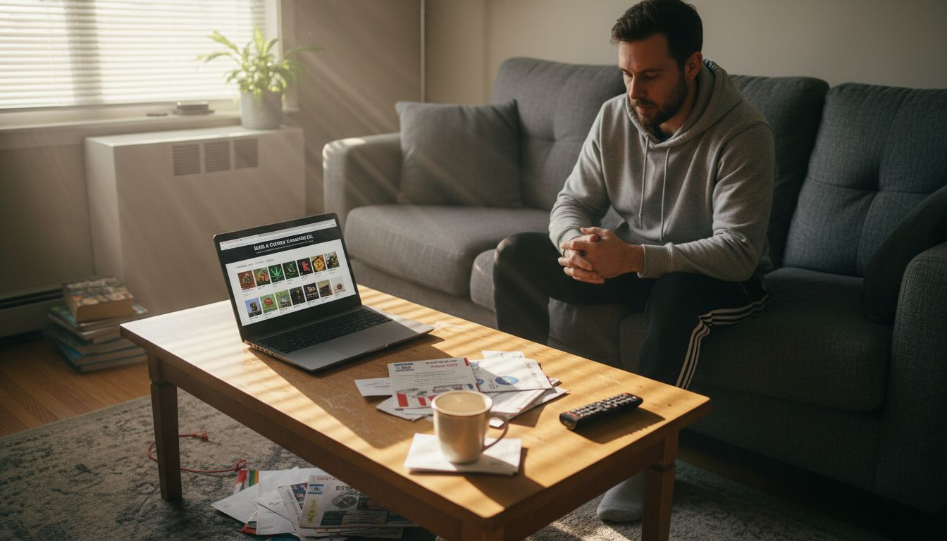 Man browsing cannabis website at home