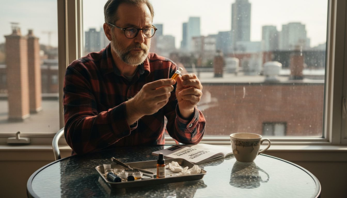 Man examining cannabis concentrate in kitchen