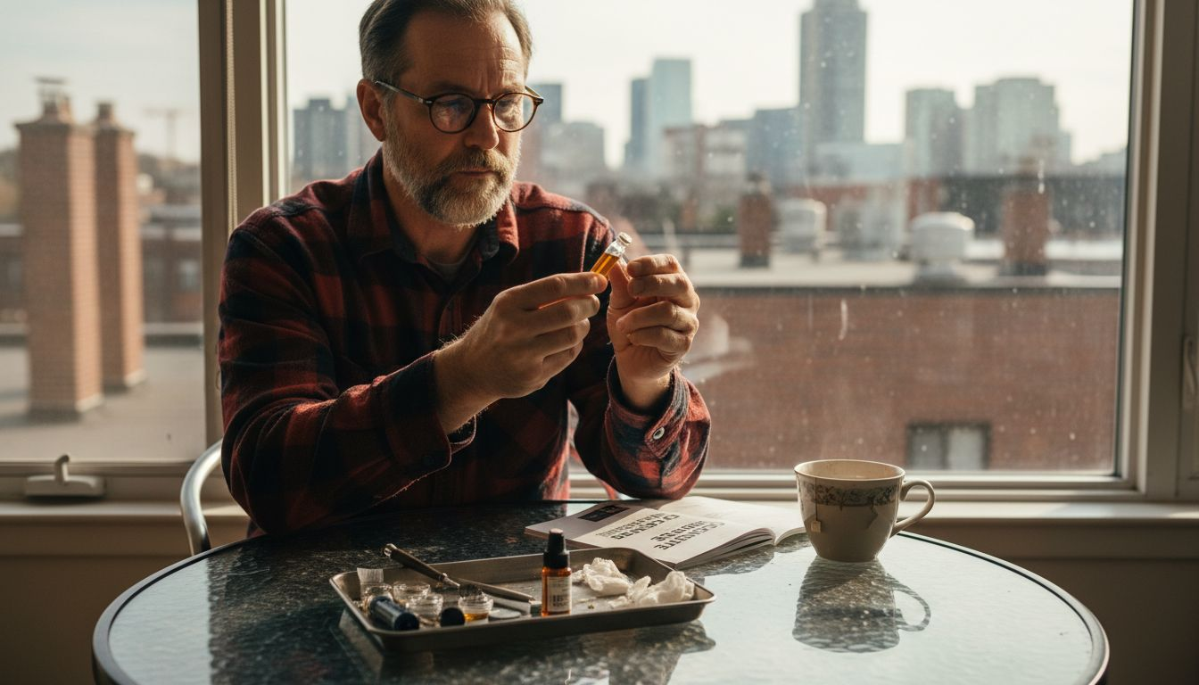 Man examining cannabis concentrate in kitchen