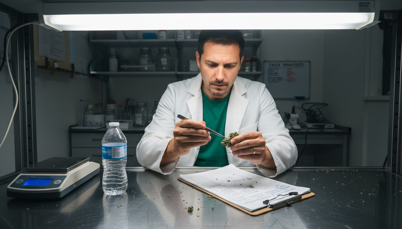 Lab technician inspecting cannabis samples