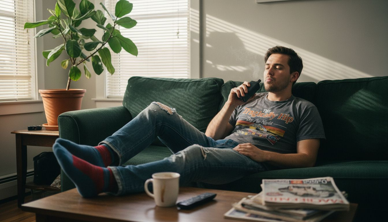 Person vaping cannabis at home safely