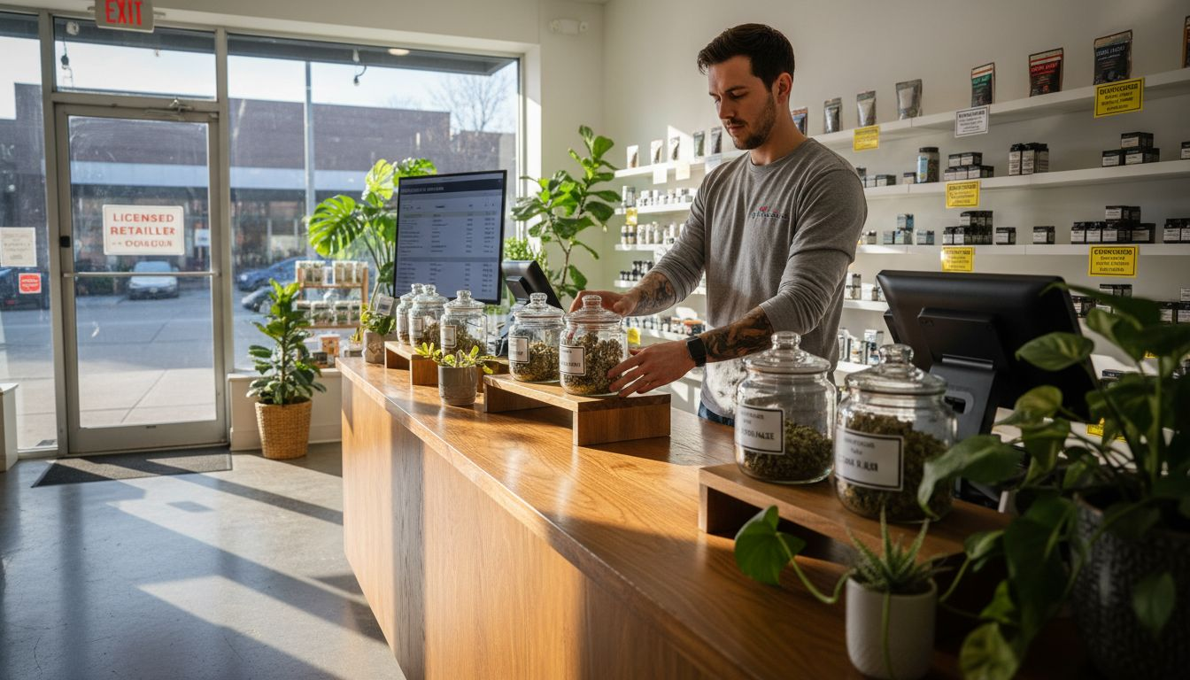 Canadian cannabis store staff restocking shelves