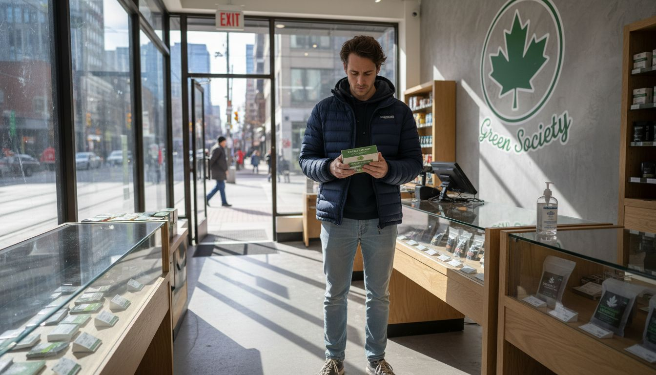 Canadian cannabis dispensary customer reading product label