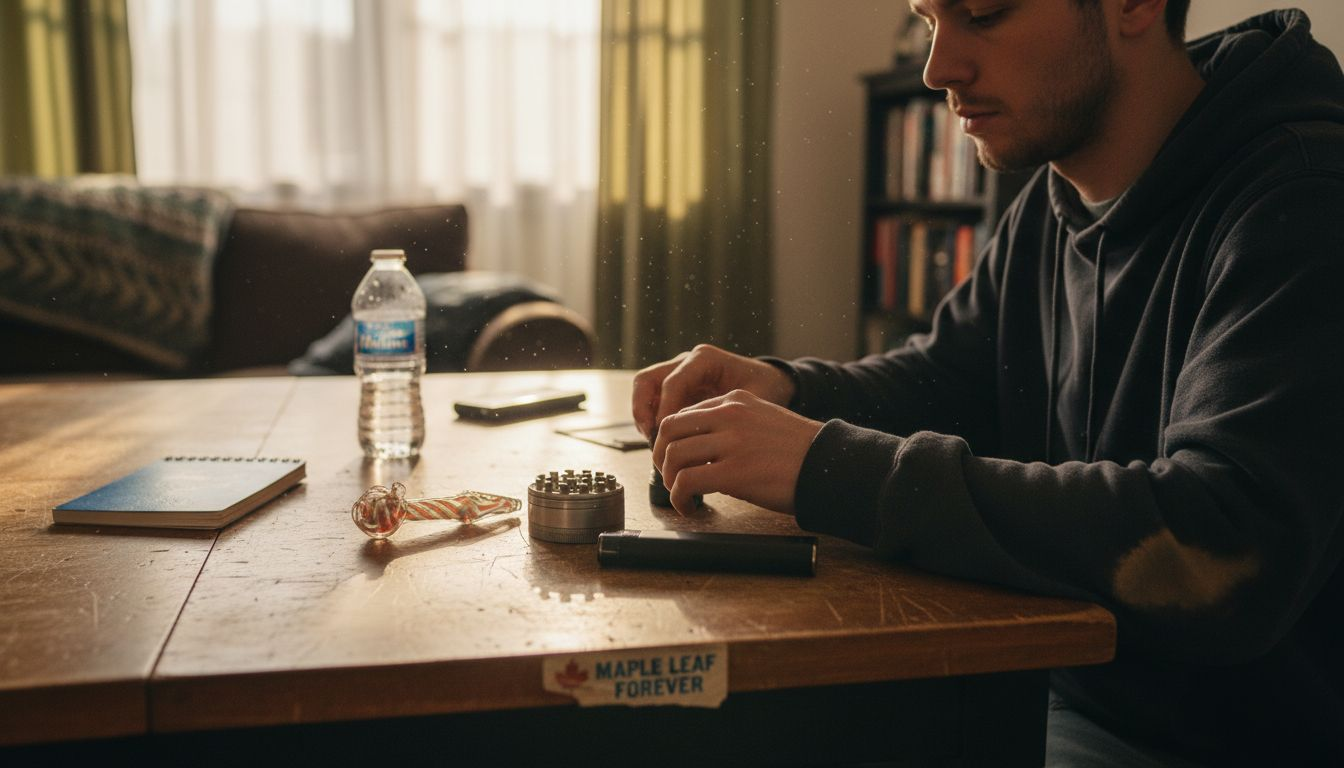 Person arranging cannabis accessories on table