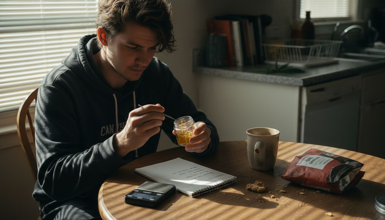 Person preparing cannabis concentrates at cluttered kitchen
