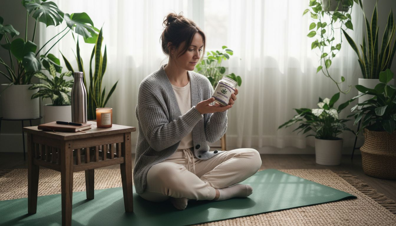 Woman reviews cannabis product on yoga mat