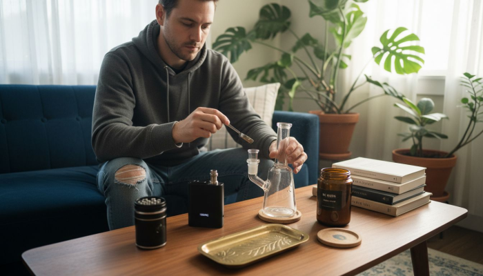 Home setting with modern cannabis accessories in use