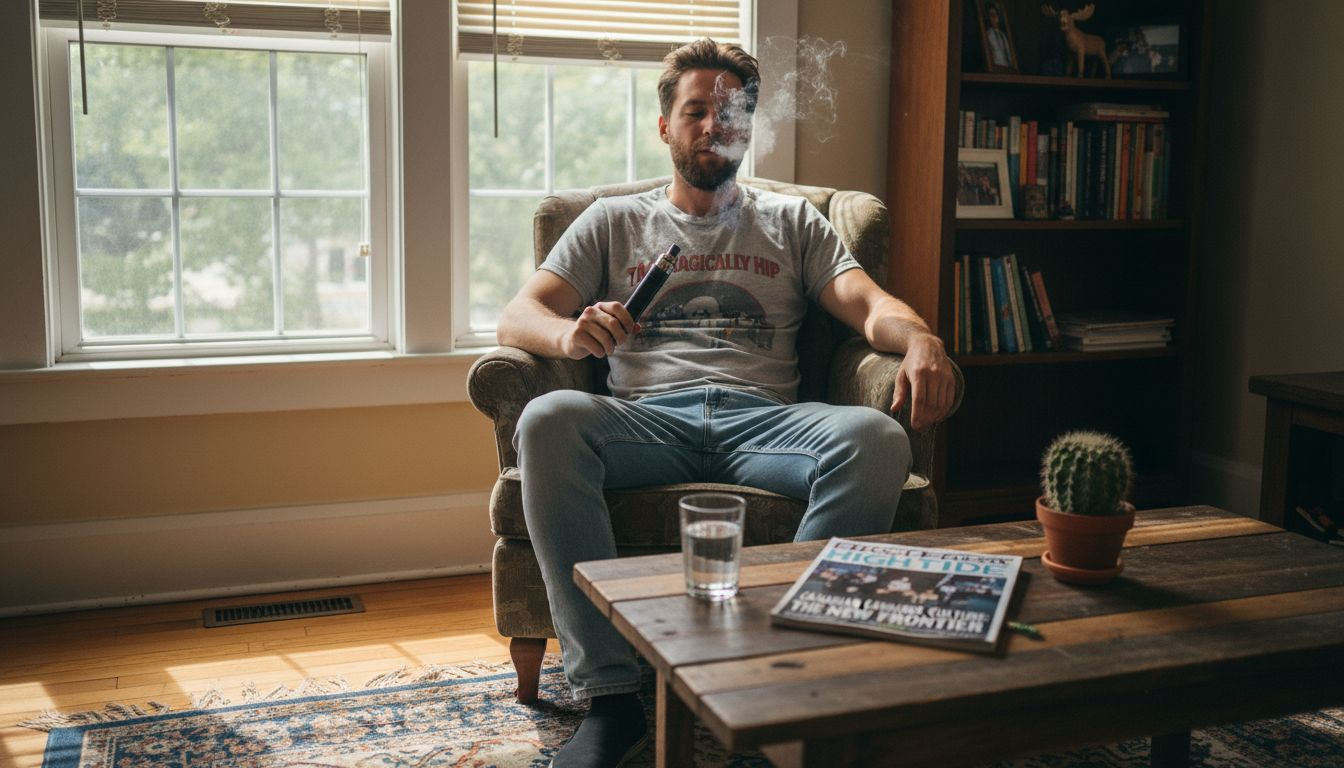 Man using cannabis vape pen in apartment