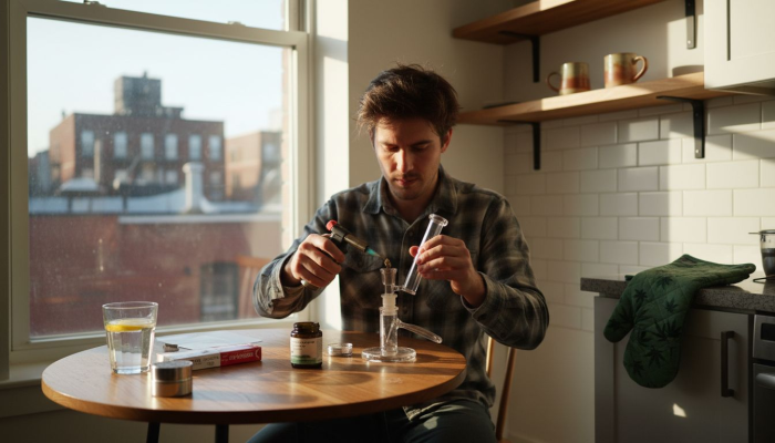 Man prepares cannabis concentrate at kitchen table