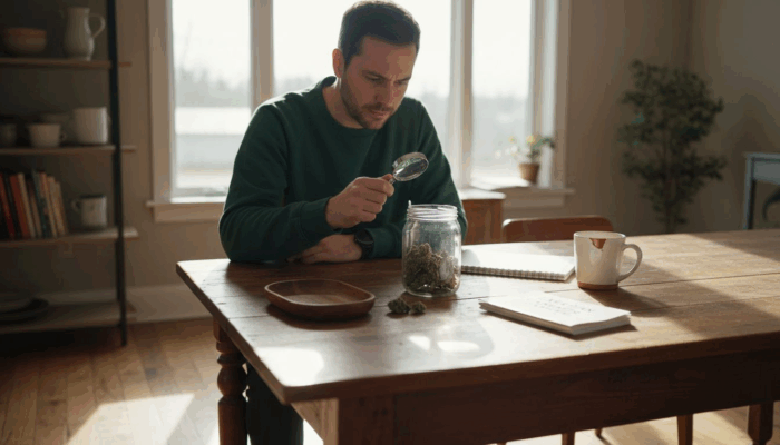 Person inspecting cannabis flower at table