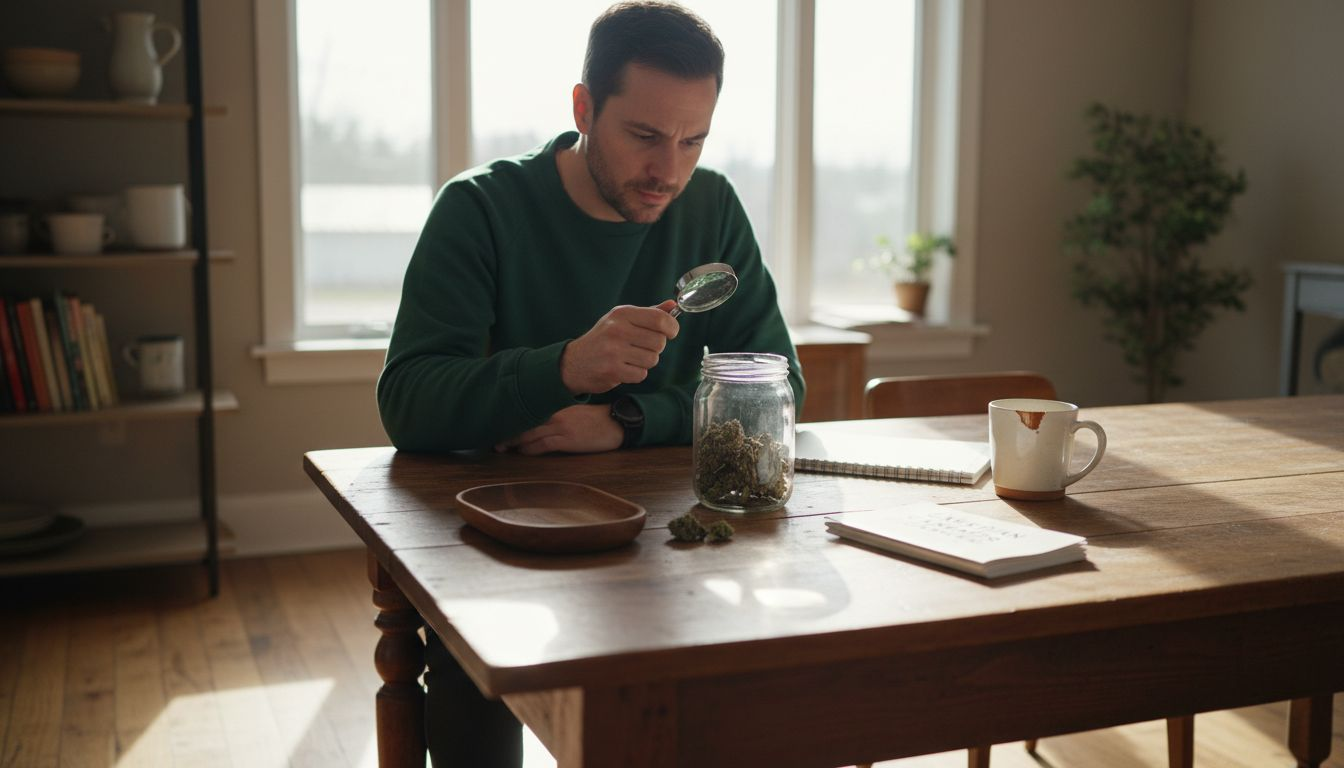 Person inspecting cannabis flower at table