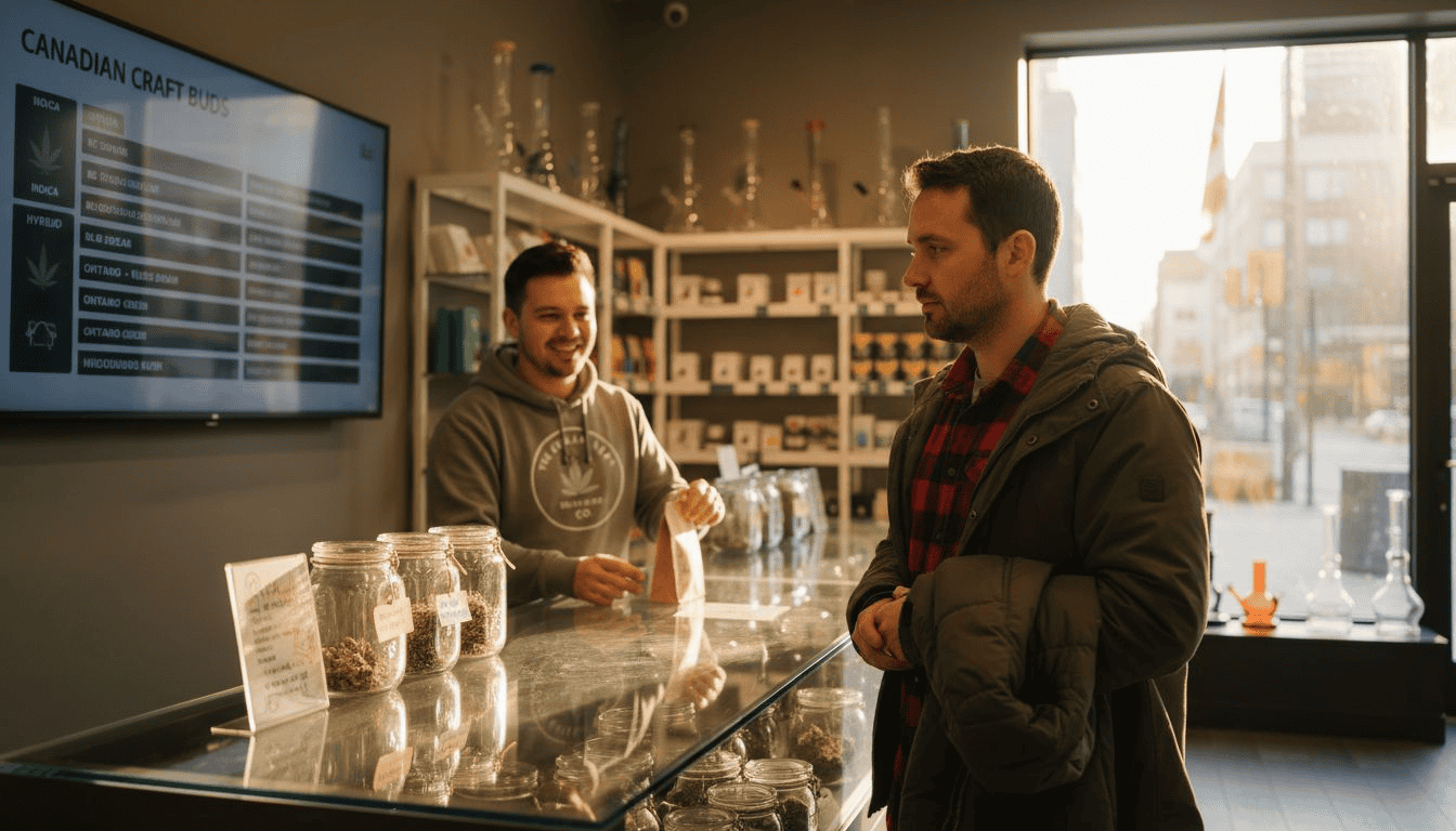 Shopper choosing cannabis strain at dispensary counter