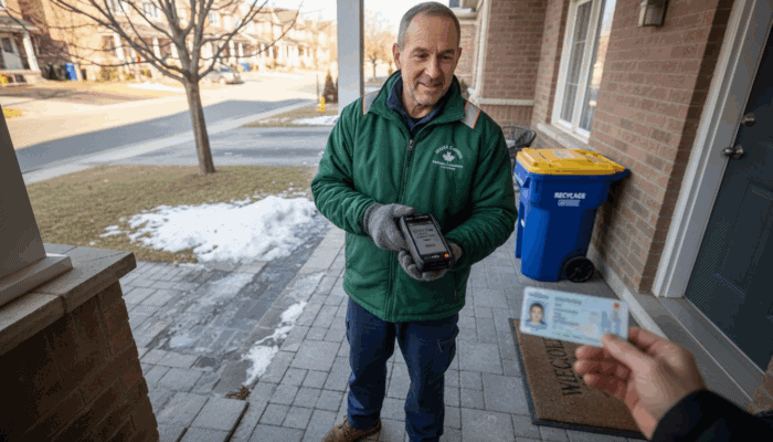 Cannabis delivery driver verifying customer ID