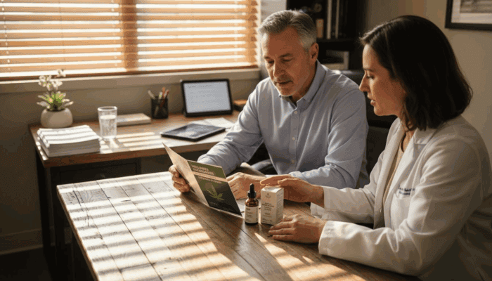 Patient consulting doctor on cannabis in office