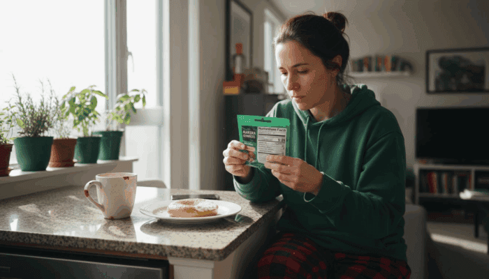 Woman checking cannabis edible label in kitchen