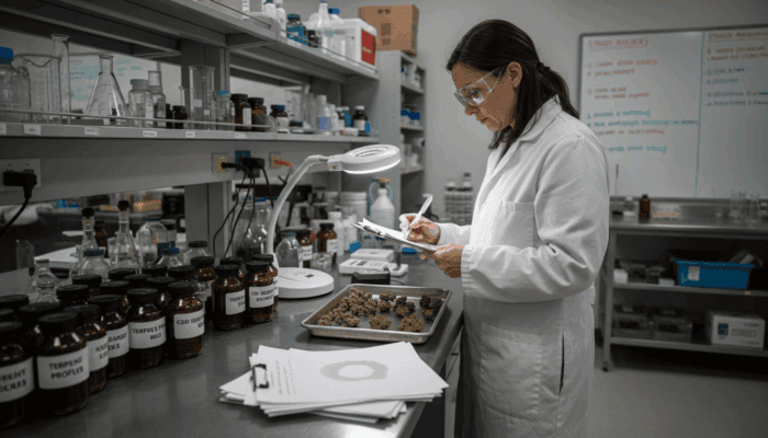 Scientist analyzing cannabis in lab setting