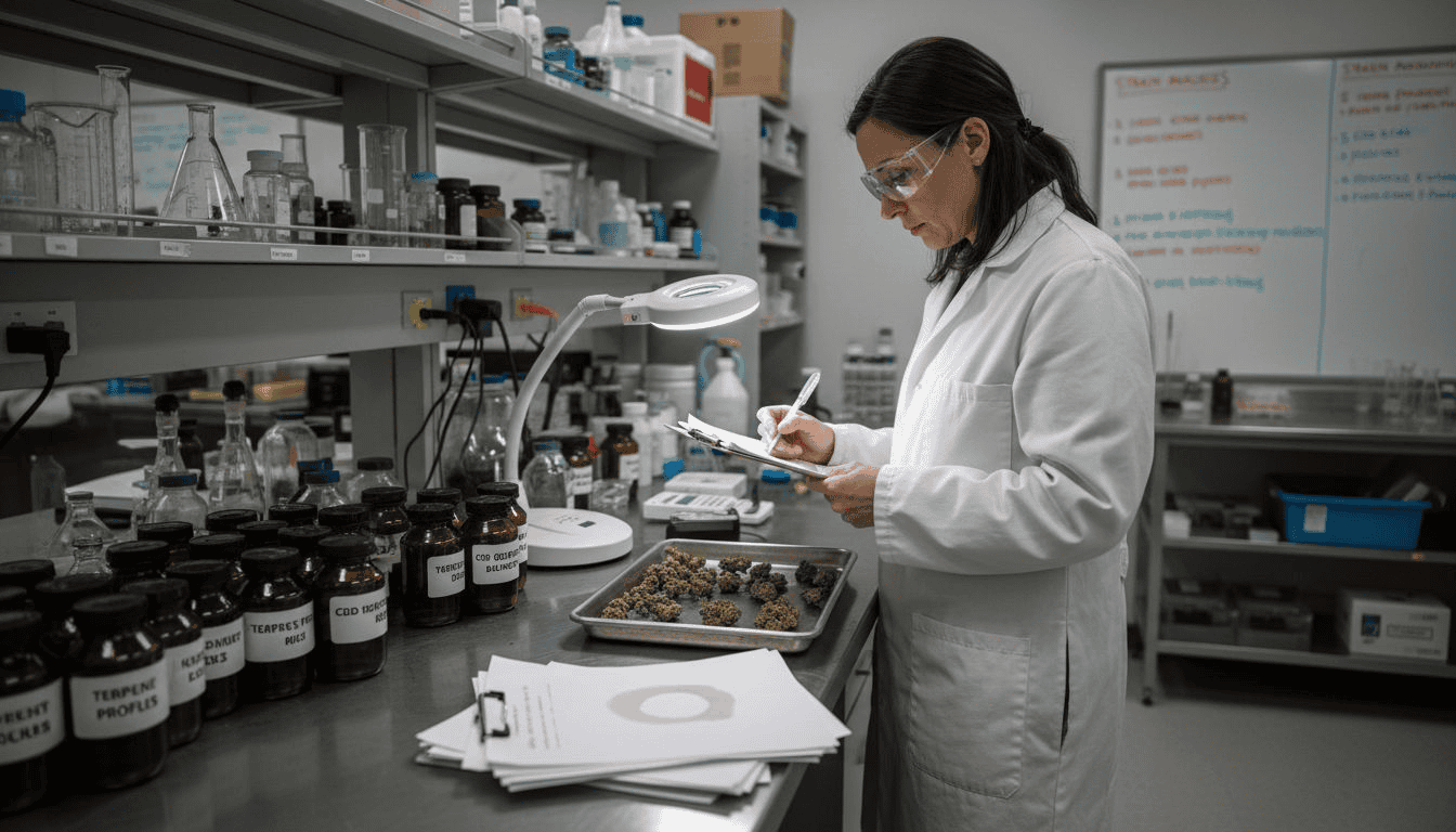 Scientist analyzing cannabis in lab setting