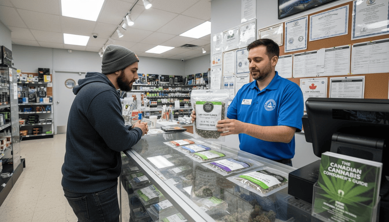 Customer choosing cannabis at licensed dispensary