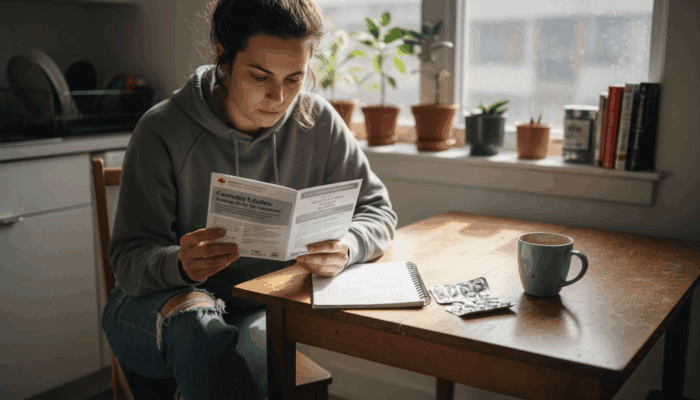 Woman reading cannabis microdosing pamphlet at kitchen table