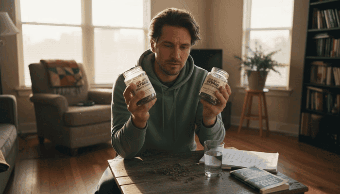 Man comparing jars of cannabis strains