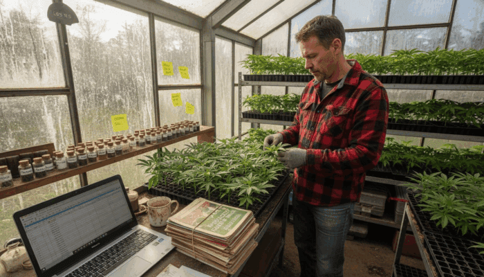 Grower examining hybrid cannabis seedlings