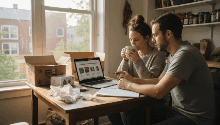 Couple reviewing cannabis product bundles at home