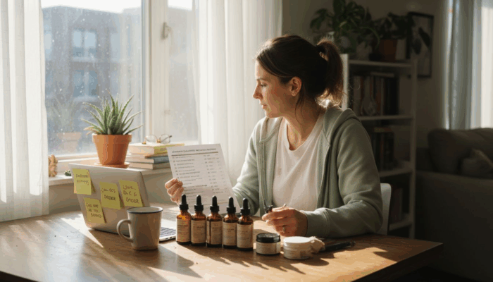 Woman checking cannabis wellness checklist at table