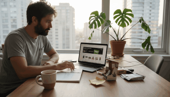 Man researching cannabis products at kitchen table