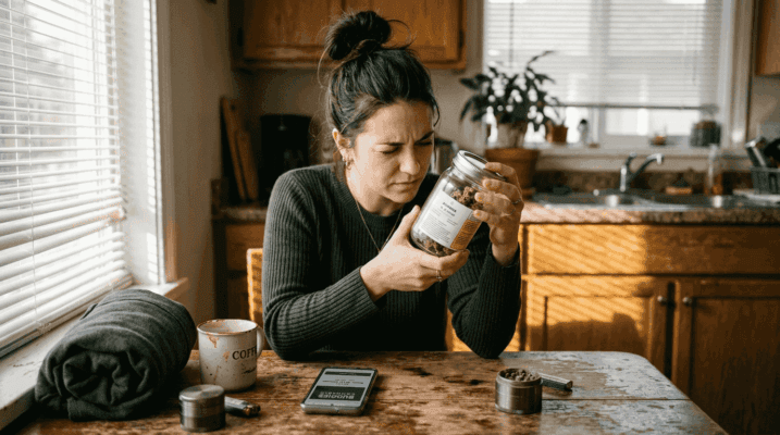 Woman reading cannabis potency label at kitchen table