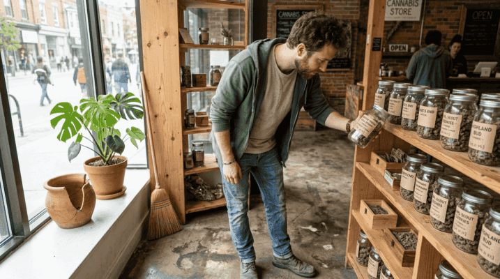 Shopper examining sustainable cannabis packages on shelf
