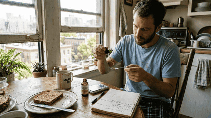 Man microdosing cannabis at kitchen table